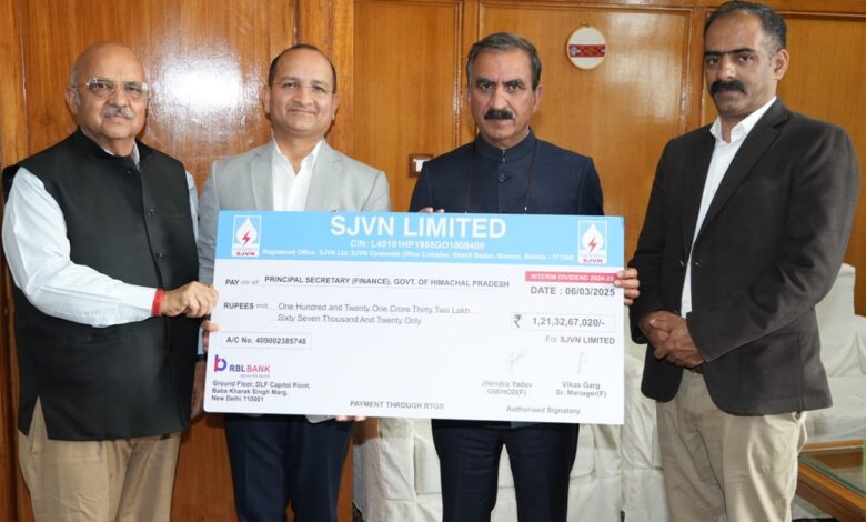 एसजेवीएन ने हिमाचल प्रदेश सरकार को वित्‍तीय वर्ष 2024-25 के लिए 121.33 करोड़ रुपए का अंतरिम लाभांश अदा किया 