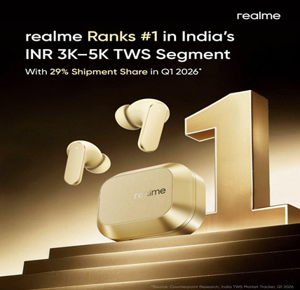 Counterpoint के अनुसार Q1 2026 में INR 3,000–5,000 TWS सेगमेंट में 29% हिस्सेदारी के साथ realme बना भारत का नंबर 1 ब्रांड Counterpoint के अनुसार Q1 2026 में INR 3,000–5,000 TWS सेगमेंट में 29% हिस्सेदारी के साथ realme बना भारत का नंबर 1 ब्रांड